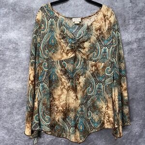 Y2K MKM Designs Paisley Babydoll Fairy Top Womens XL Tan Teal Gold Bell Sleeve
